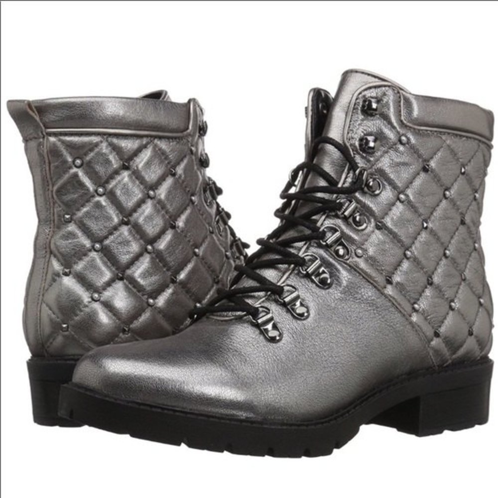 MARC FISHER Leather Pewter Lanzia Combat Boots